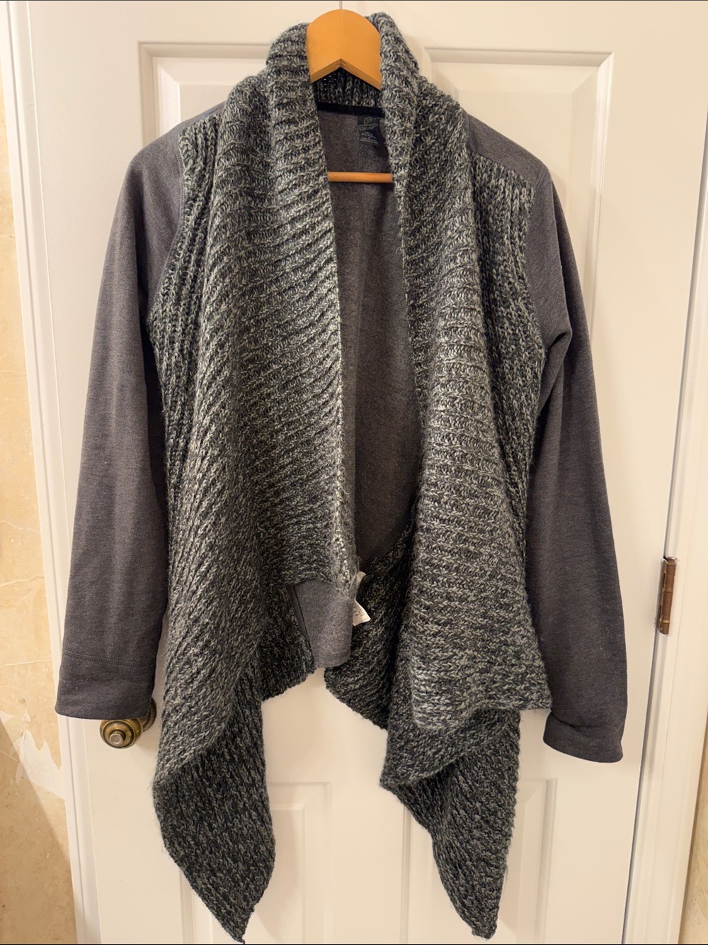 PrAna Demure Charcoal Gray Open-Front Draped Knit Cardigan